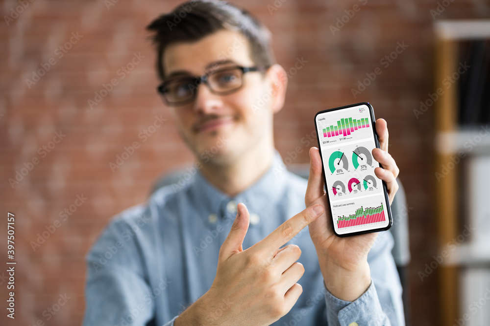 Poster man showing mobile phone