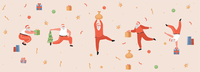 Funny Santa Claus doing morning exercises vector flat illustration. Cute winter holidays greeting card template. Gift boxes, Christmas tree, decorating balls and Santa Claus doing sport.