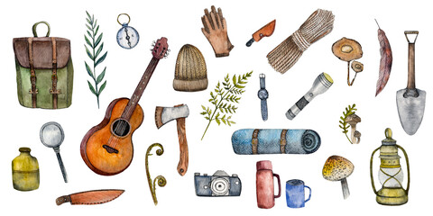 Large watercolor set of drawn travel elements: backpack, guitar, plaid, compass, thermos and others. Isolated over white background. Hiking, camping, active sport lifestyle concept.