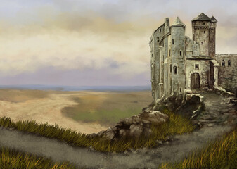 Paintings landscape, castle on the hill, medieval castle in the morning. Fine art  © yaroslavartist