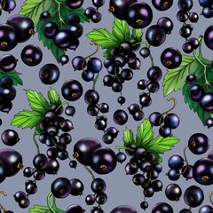 Seamless background of ripe black currant berries, drawn with a colored pencil. Printing using natural organic elements.