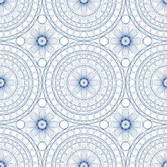 Mandala seamless pattern vector. A symmetrical round blue ornament.