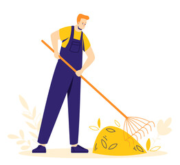 Garden work concept. The man character is digging the ground with a shovel. Hobby gardener.