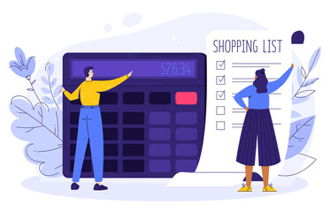 Family budget concept. The couple is planning finances at crisis. Woman is holding a shopping list, man is calculating an estimate on a calculator.