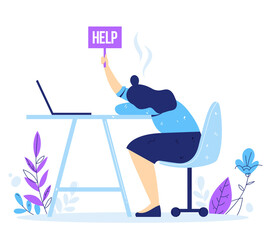 Professional and emotional burnout syndrome. Exhausted male manager sitting at the office. Tired businesswoman holds the sign Help. Hard work.