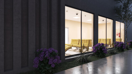 Illuminated Ground Floor Waiting Room with Yellow Chairs 3D Rendering