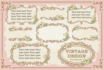 すずらんの花を使ったアンティークな装飾フレームのセット。ベクター素材