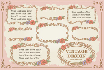 アネモネの花を使ったアンティークな装飾フレームのセット。ベクター素材