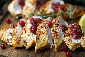 Turkey breast with cranberry sauce. Christmas menu. New Year's mood.