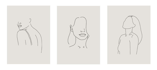 Set of minimalistic female figure. Linear female body. Modern abstract line art style. Vector illustration. 