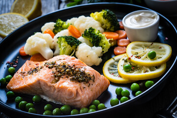 Steamed salmon steak with cauliflower, broccoli, carrots, lemon, peas and mayonnaise on wooden table 
