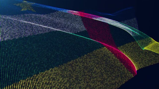 3d render. Central African Republic digital flag with binary code texture flies in the wind. Seamless loop.