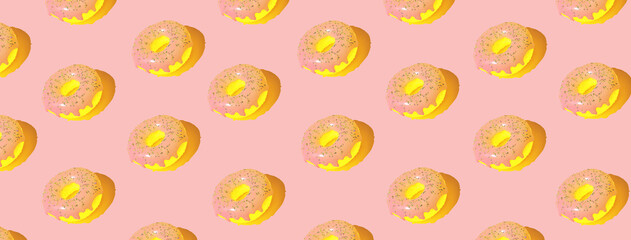 Pink glazed donut pattern on pastel background. Creative concept. 3d.