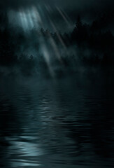 Foggy dark forest. Night view, fog, smog. Wild forest nature, forest landscape, moonlight reflection in water, forest landscape. Abstract fantasy forest with a river. 
