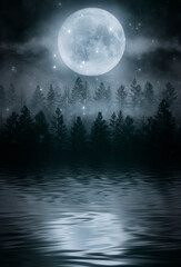 Fototapeta na wymiar Foggy dark forest. Night view, fog, smog. Wild forest nature, forest landscape, moonlight reflection in water, forest landscape. Abstract fantasy forest with a river. 