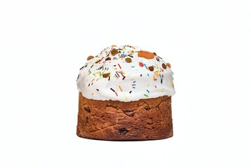 Christmas cake, sprinkled with icing and decorated with dried apricots, raisins and colored topping. Panettone isolated on white background.