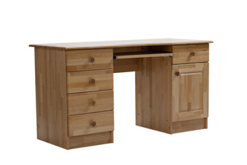 Classical writing desk with drawers and computer keyboard stand isolated on a white background.