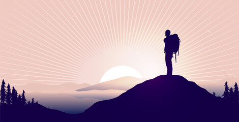 Find meaning in life - Silhouette of backpacker on hilltop watching epic landscape and sunrise.  Vector illustration