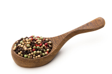 Pepper mix seed on spoon on white background.