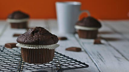 Muffins o magdalenas de Chocolate sobre un fondo blanco