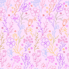 seamless pattern with stylized flowers, leaves and branches