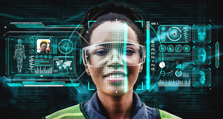 Facial recognition technology for industry worker to access machine control . Future concept interface showing digital biometric security system that analyze human face to verify personal data .