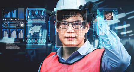 Facial recognition technology for industry worker to access machine control . Future concept interface showing digital biometric security system that analyze human face to verify personal data .