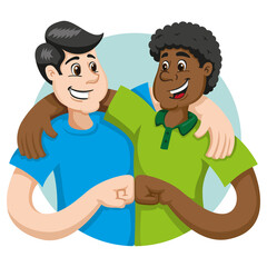 Illustration embrace of friends, friendship and interracial companionship. Against prejudice and segregation. Ideal for catalogs, newsletters and recycling guides