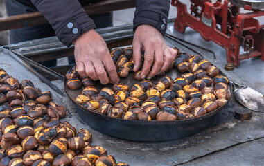 fried chestnut vendor, street food, kitchen scales