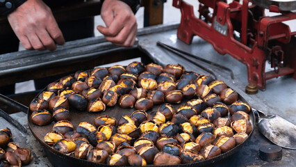 fried chestnut vendor, street food, kitchen scales