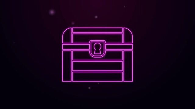 Glowing neon line Antique treasure chest icon isolated on black background. Vintage wooden chest with golden coin. 4K Video motion graphic animation.