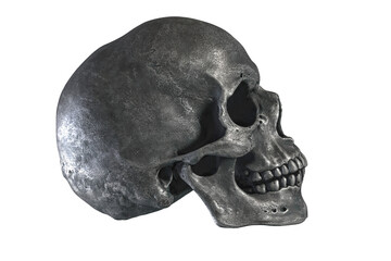 3D illustration of metallic human skull isolated on white background