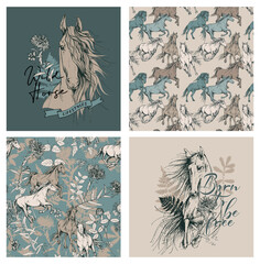Set of print and seamless wallpaper pattern. Running horses and Herbarium wildflowers, cornflowers, herbs flowers and leaves. Textile composition, hand drawn style print. Vector illustration. - 397517372