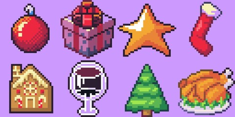 Christmas Pixel Art Icons including gift, sock, gingerbread house, wine, pine tree, chicken and similar items.