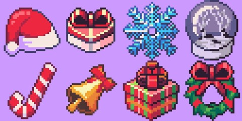 Christmas Pixel Art Icons including santa hat, gifts, snowflake, winter globe, candy cane and similar items