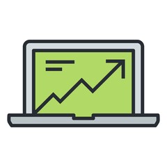 Market growth prediction on laptop screen. Up trend, increasing chart icon.