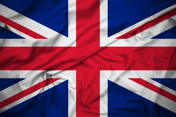 United Kingdom Flag Background, also know as Union Jack. Red cross of Saint George superimposed on the Cross of St Patrick and Saint Andrew. Detailed Silk Texture. National Flag and Brexit concept