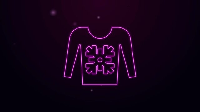 Glowing neon line Christmas sweater with norwegian ornaments and holidays decorations icon isolated on black background. Knitted winter jumper. 4K Video motion graphic animation.