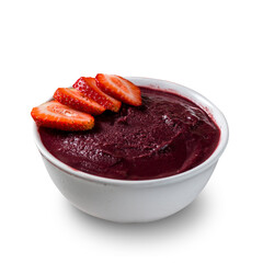 Brazilian frozen açai berry ice cream bowl with strawberry. isolated on a white background. Summer menu front view