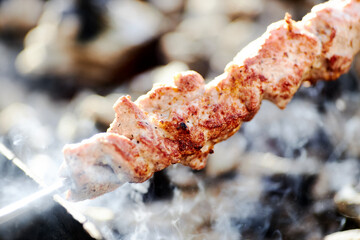 Appetizing meat kebab is fried on hot coals to a beautiful crust.