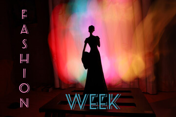 A fashion week poster with a mysterious silhouette of a woman in the dark -a long exposure light photography