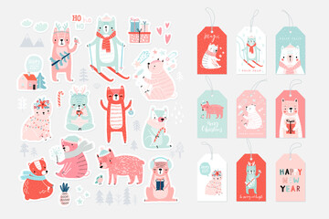 Christmas card set with Cute Bears celebrating Christmas eve, handwritten letterings and other elements. Funny characters.