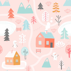 Fototapeta na wymiar Seamless pattern with Cute winter trees. Childish Colorful Background.
