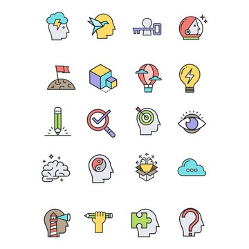 Set of conceptual flat vector illustrations on following themes - creativity and inspiration, idea and imagination, innovation and design, think outside the box.
