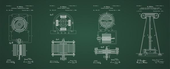 Nikola Tesla Patent Drawing illustrations  - obrazy, fototapety, plakaty