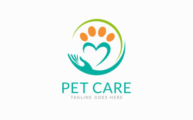 Pet Care Logo Design. Paw and Hand Care Symbol Design Usable For Pet Community, Foundation, Medical Pet Care. Flat Vector Logo Design.
