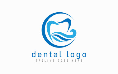 Modern Dental Logo Design. Blue Dental Symbol in The Abstract Circle Combine with Abstract Blue Wave. Flat Vector Logo Design.