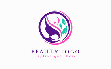 Beauty Logo Design. Abstract Women Combine With Hand Care and Leaf Symbol For Beauty Business, Foundation, Service, Industrial Company. Flat Vector Logo Design.