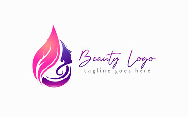 Beauty Logo Design. Abstract Women Combine With Abstract Leaf Symbol For Beauty Business, Foundation, Service, Industrial Company. Flat Vector Logo Design.