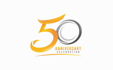 50 th Anniversary Symbol Logo Design. Modern 50 Shape Formed From Abstract Orange and Grey Shape Combination. Usable For Business, Services, Branding, Web, Presentation. Flat Vector Logo Design. © Rtn_Studio